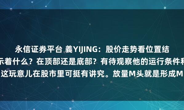 永信证券平台 義YIJING：股价走势看位置结构确定方向。放量M头预示着什么？在顶部还是底部？有待观察他的运行条件和细节放量M头这玩意儿在股市里可挺有讲究。放量M头就是形成M头拉升时，出现近一年最大成交量，意...